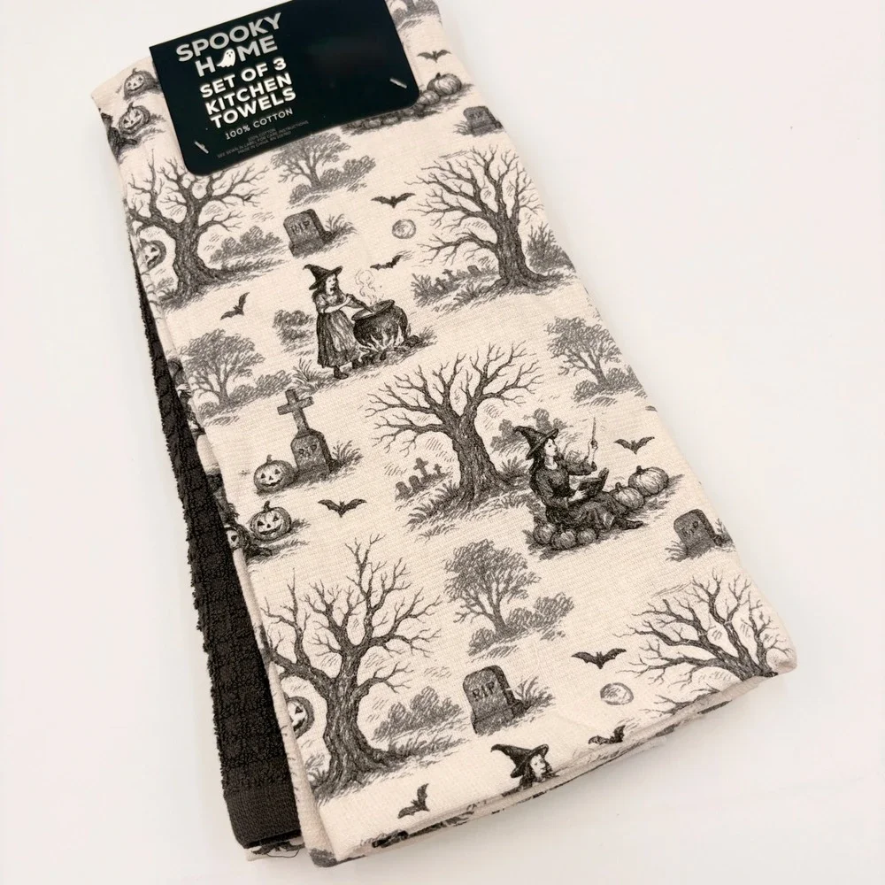 Spooky Home Halloween Kitchen Towels Set of 3 Witches Graveyard Toile Cotton